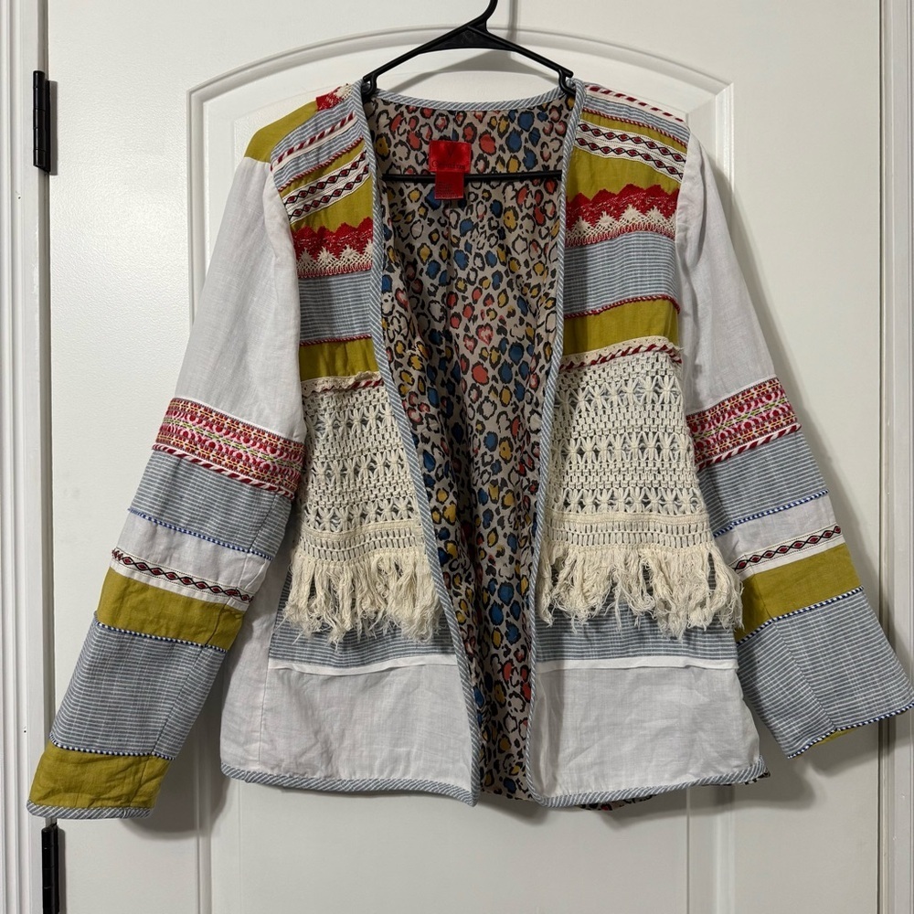 V Christina Boho Fringe Blazer Jacket Women’s Size Large Linen Festival Y2K